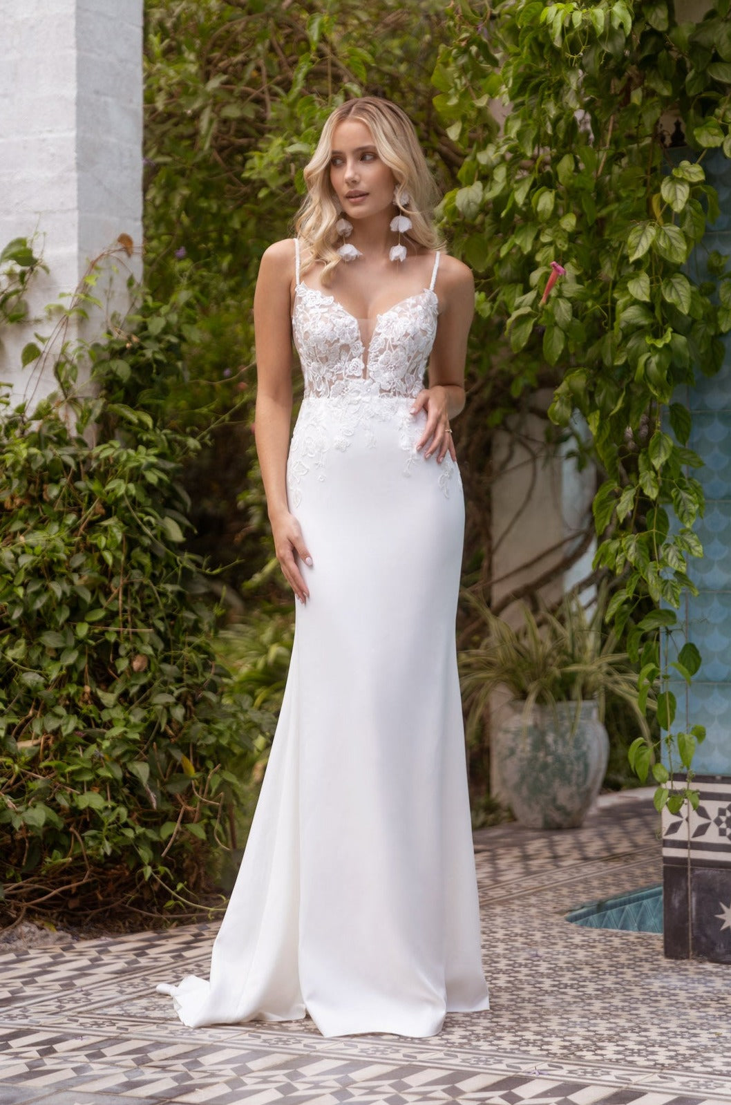 Lace detail with beaded straps. Low scoop back and illusion bodice. Sequin appliqus. Kelsey Rose Lace detail with beaded straps. Low scoop back and illusion bodice. Sequin appliqus. Kelsey Rose