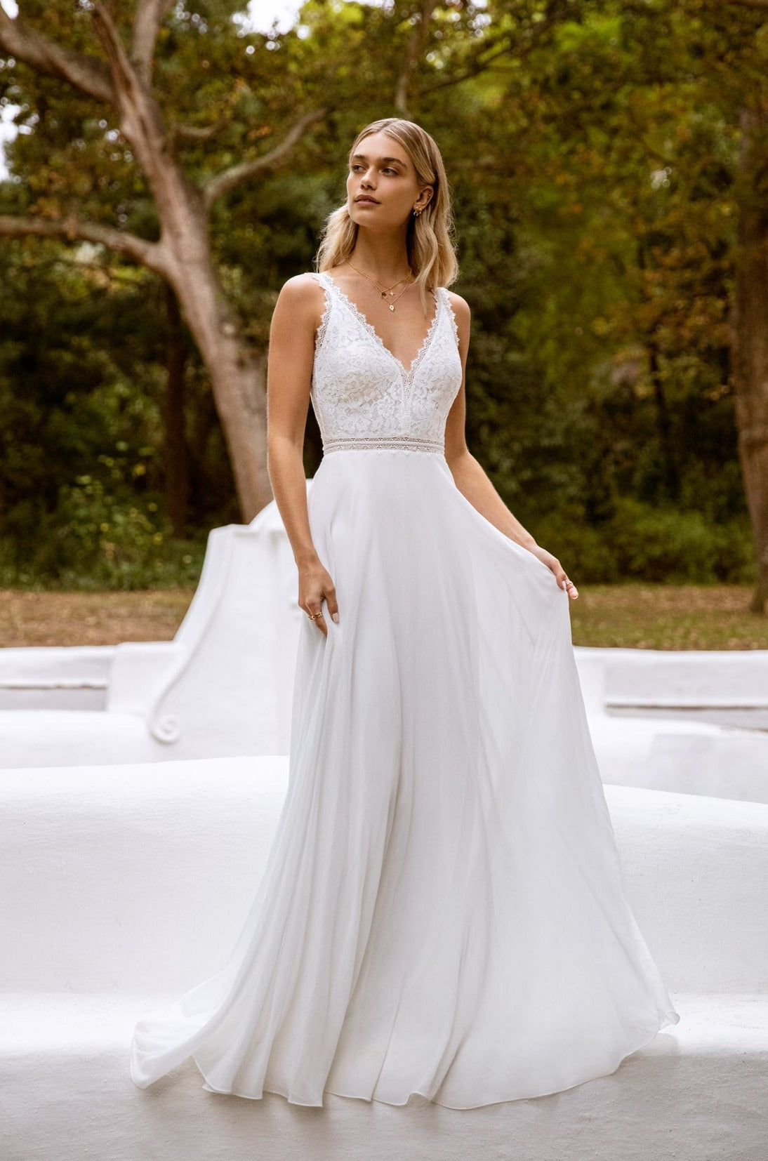 Simple lace and chiffon wedding dress for the relaxed bride. – Kelsey Rose