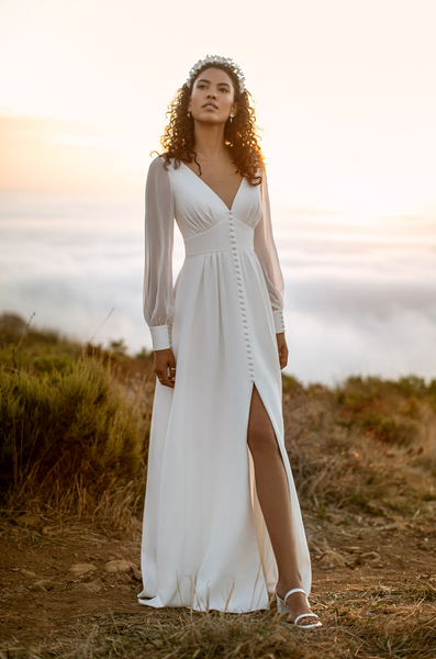 70s style crepe and chiffon wedding dress with elegent blouson sleeve and  button detailing. – Kelsey Rose