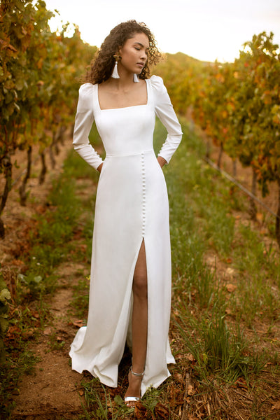 long sleeve wedding dress london Clean crepe wedding dress with square neckline and long sleeves. Fit for  the modern bride. – Kelsey Rose